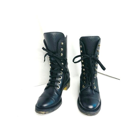 CHANEL Black Grained Leather Lace-Up Combat Boots with Gold Eyelets Size 36.5 - Picture 11 of 12